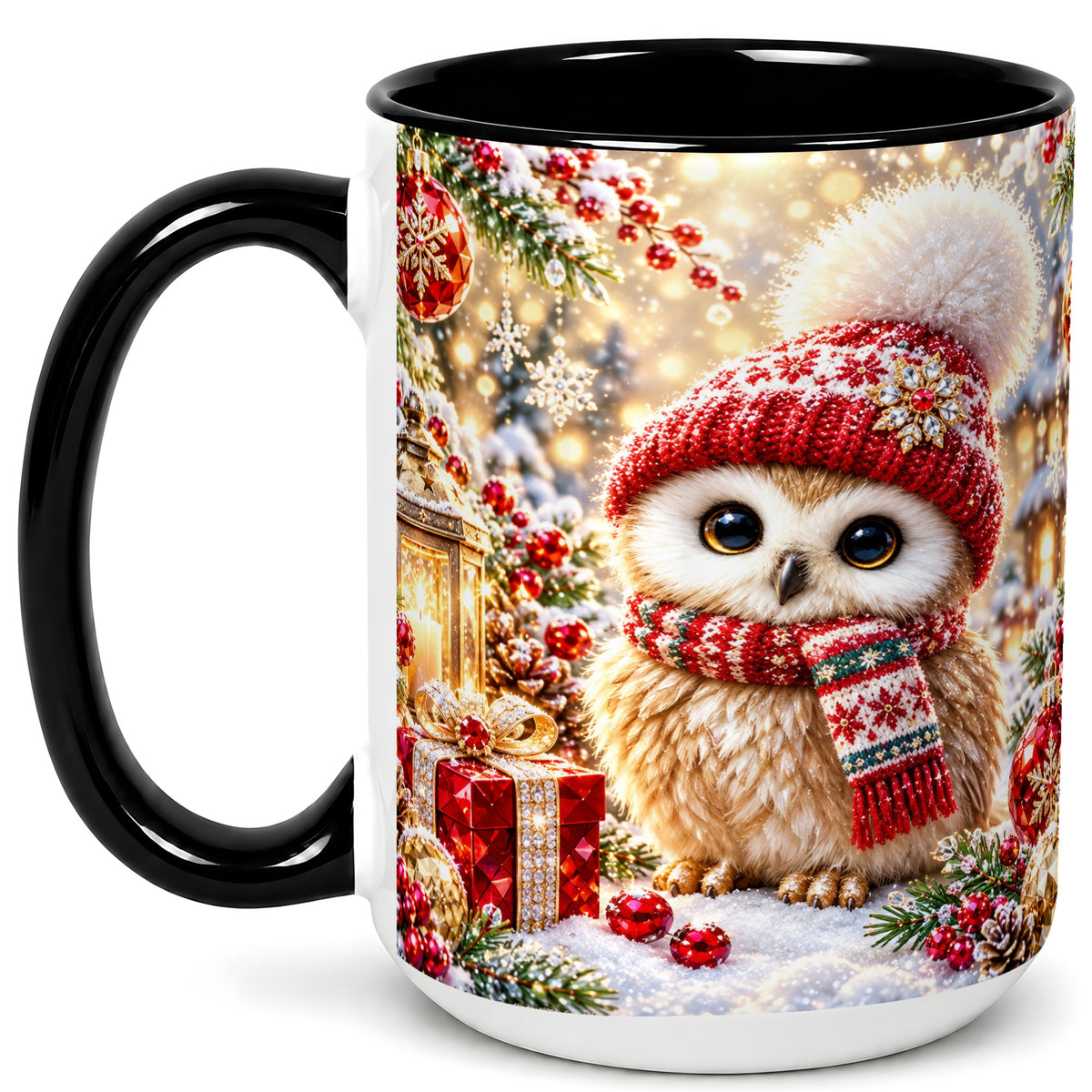 #pl[15oz|Black] Christmas Owl Coffee Mug, Cute Winter Owl Mug, Ceramic Cup