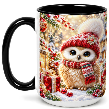 #pl[15oz|Black] Christmas Owl Coffee Mug, Cute Winter Owl Mug, Ceramic Cup