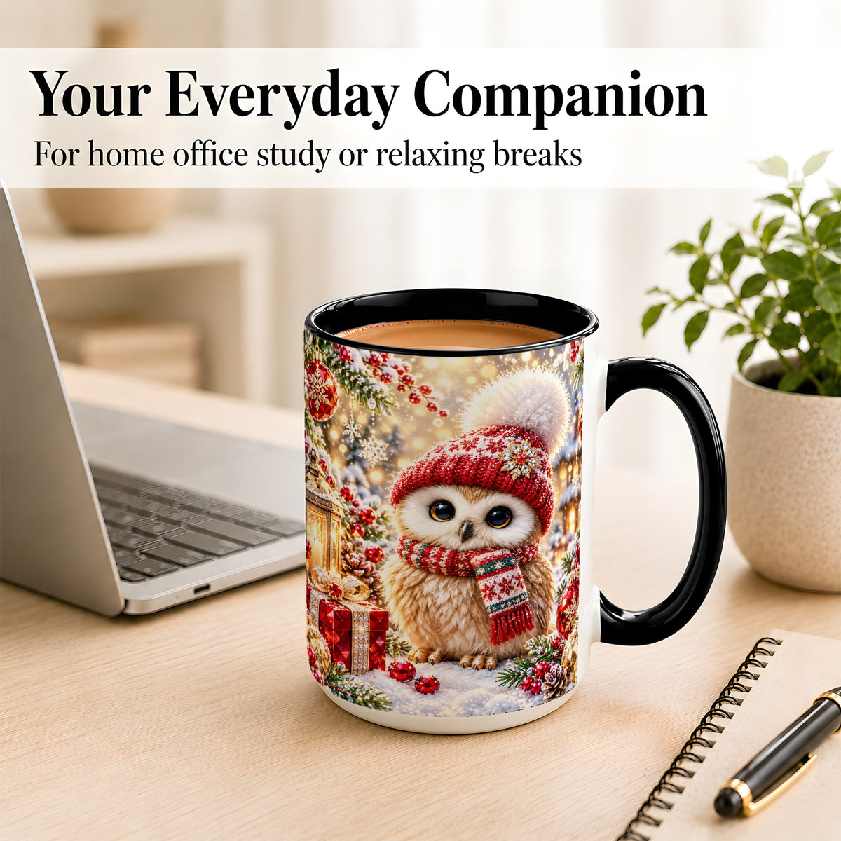 #pl[15oz|Black] Christmas Owl Coffee Mug, Cute Winter Owl Mug, Ceramic Cup