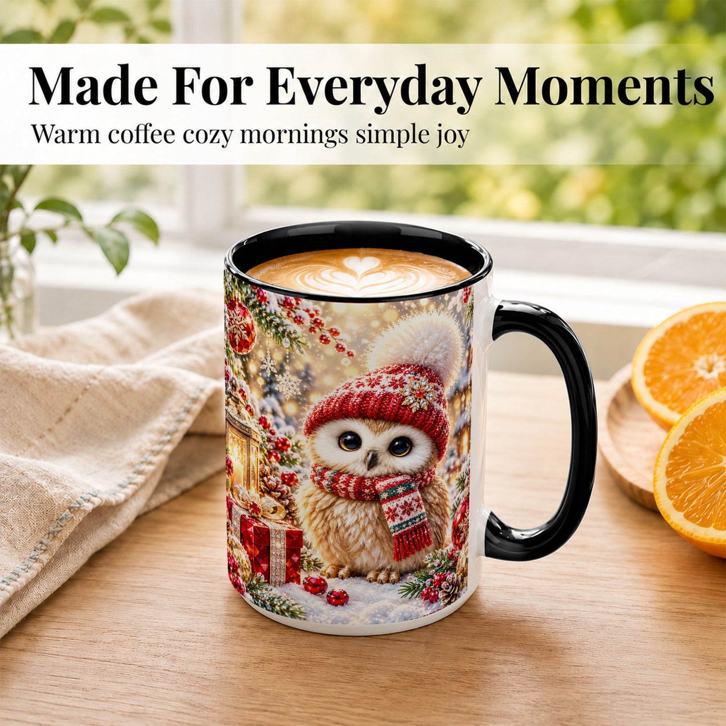 #pl[15oz|Black] Christmas Owl Coffee Mug, Cute Winter Owl Mug, Ceramic Cup