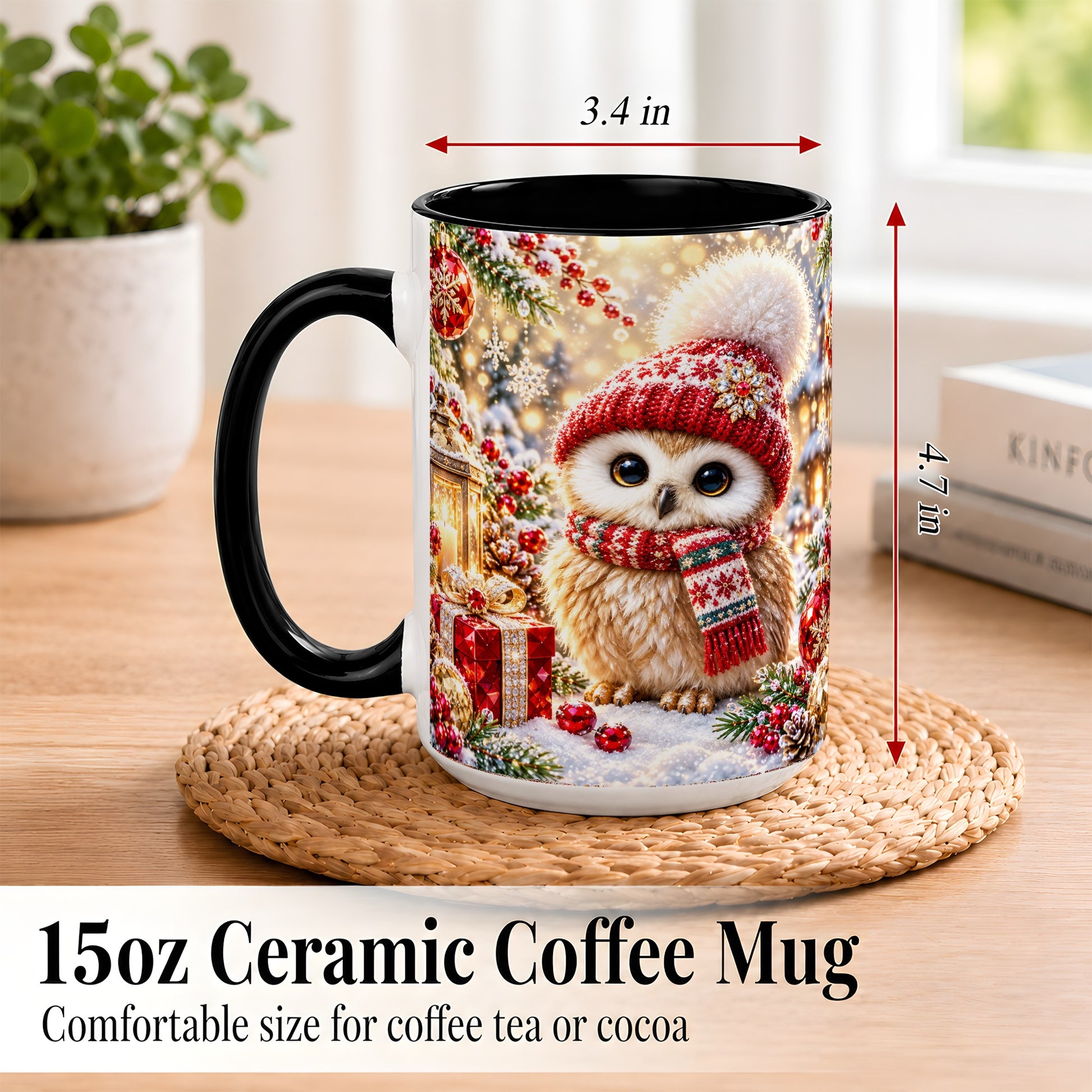 #pl[15oz|Black] Christmas Owl Coffee Mug, Cute Winter Owl Mug, Ceramic Cup