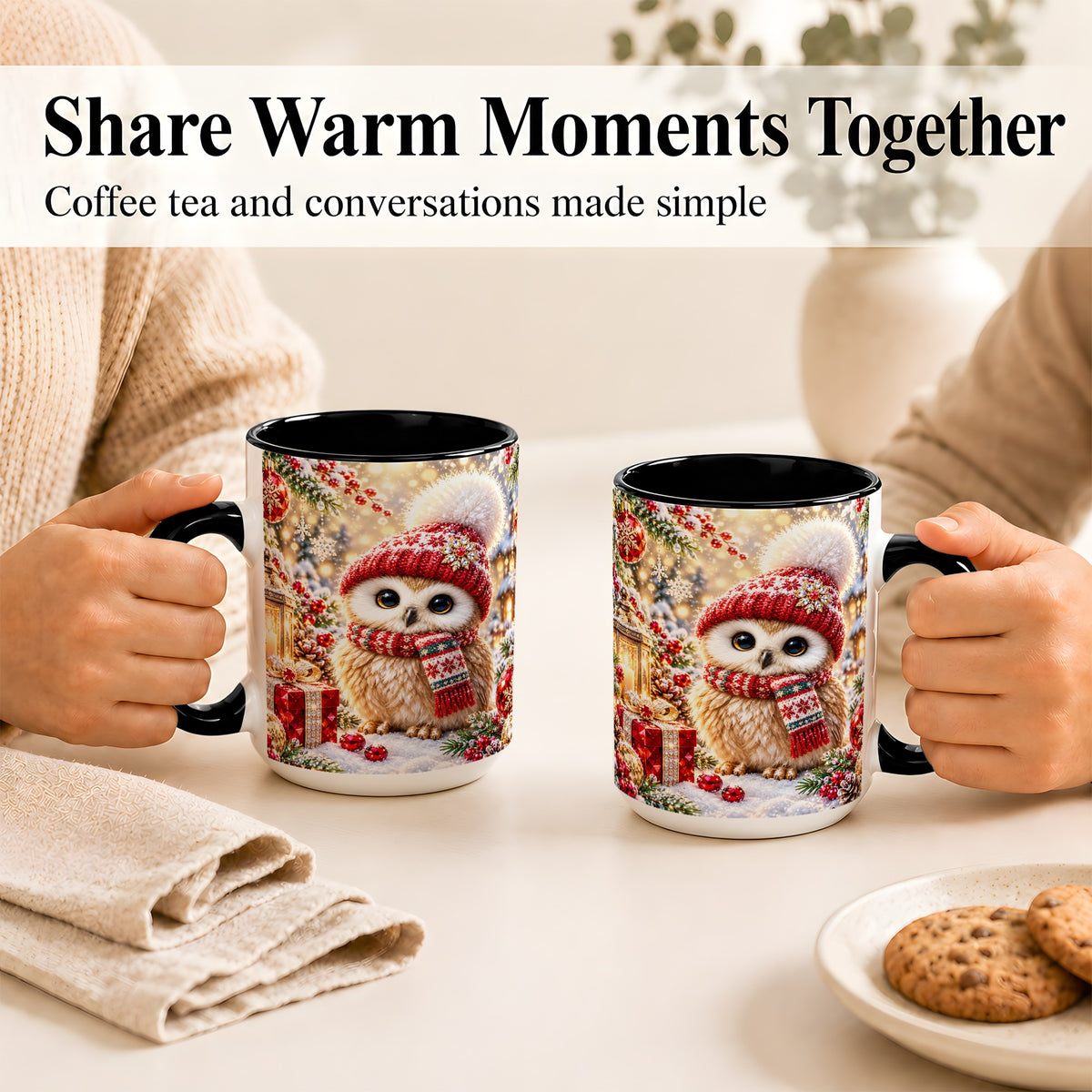 #pl[15oz|Black] Christmas Owl Coffee Mug, Cute Winter Owl Mug, Ceramic Cup