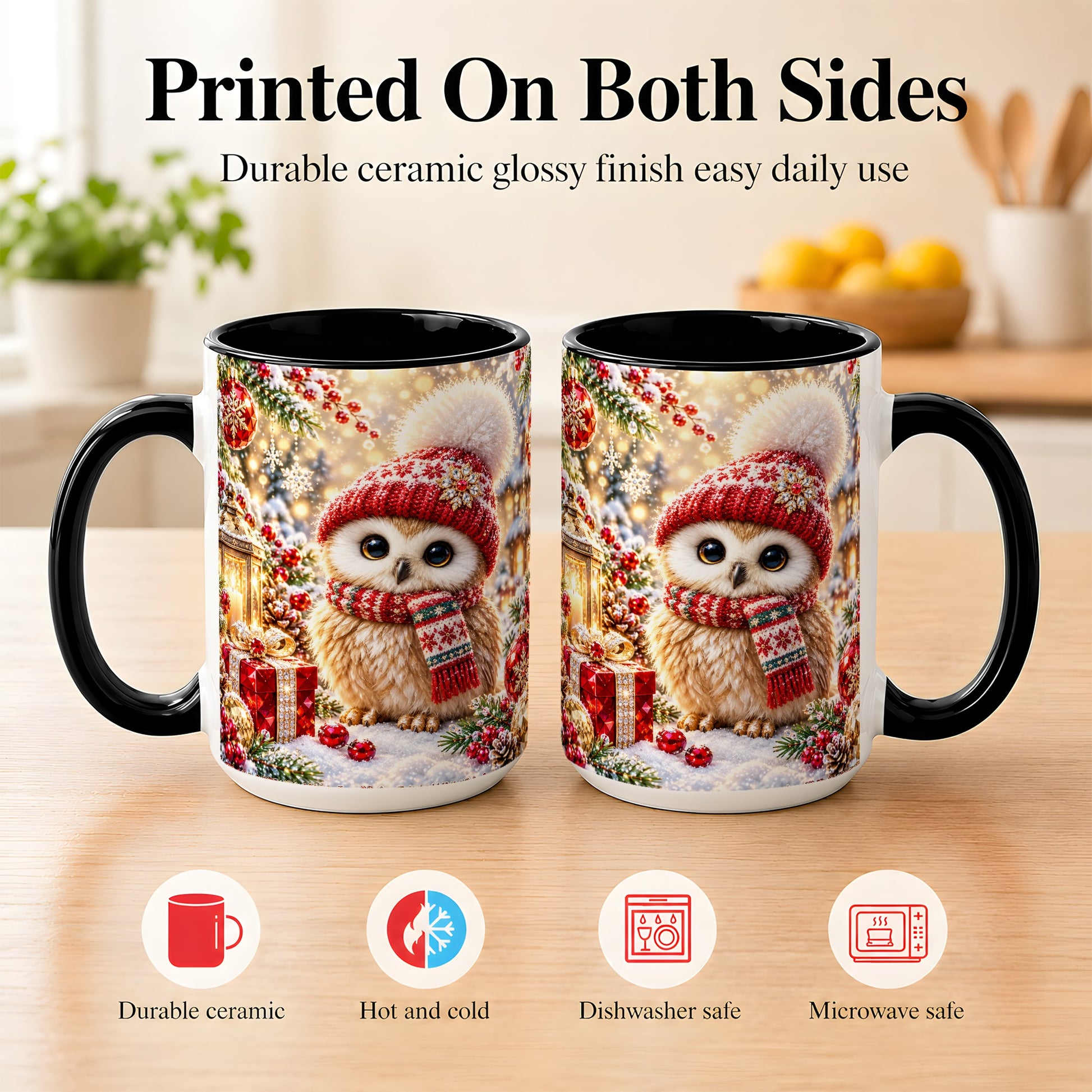 #pl[15oz|Black] Christmas Owl Coffee Mug, Cute Winter Owl Mug, Ceramic Cup