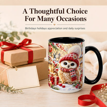 #pl[15oz|Black] Christmas Owl Coffee Mug, Cute Winter Owl Mug, Ceramic Cup