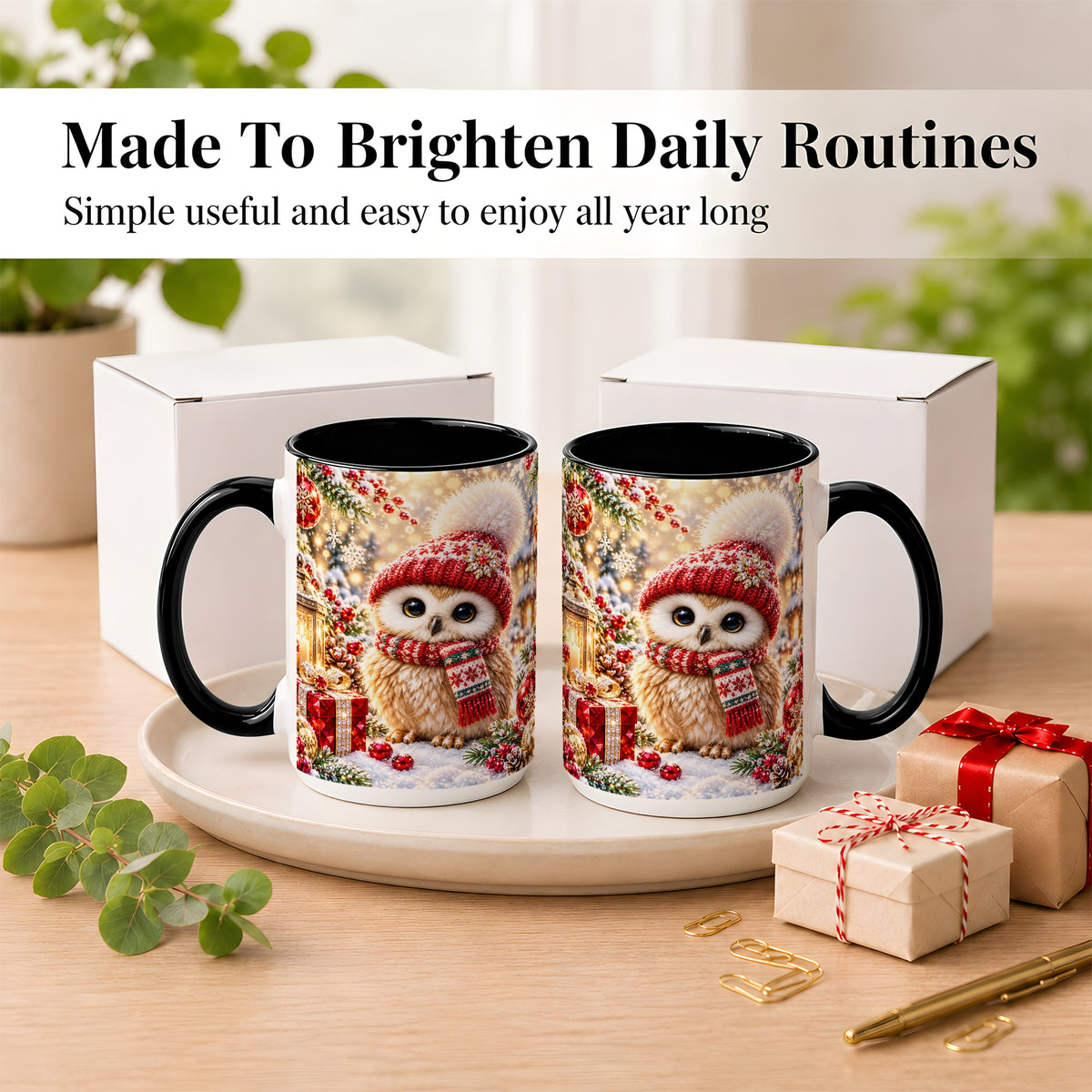 #pl[15oz|Black] Christmas Owl Coffee Mug, Cute Winter Owl Mug, Ceramic Cup