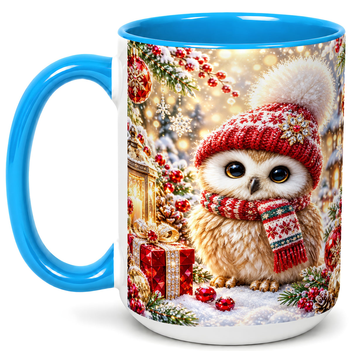 #pl[15oz|Blue] Christmas Owl Coffee Mug, Cute Winter Owl Mug, Ceramic Cup