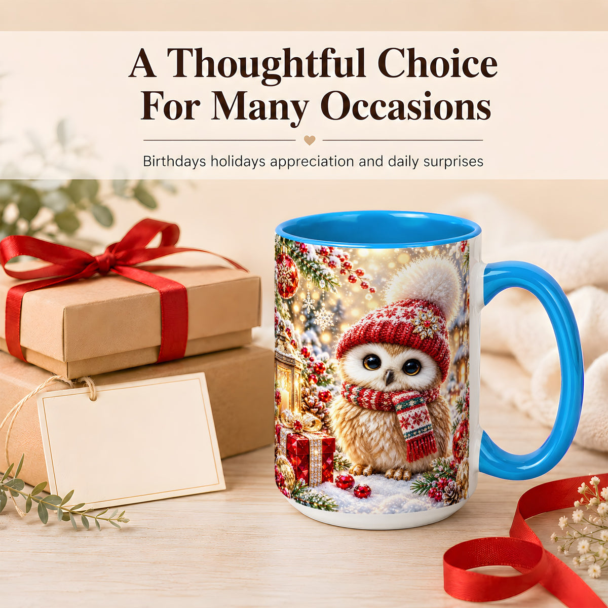 #pl[15oz|Blue] Christmas Owl Coffee Mug, Cute Winter Owl Mug, Ceramic Cup