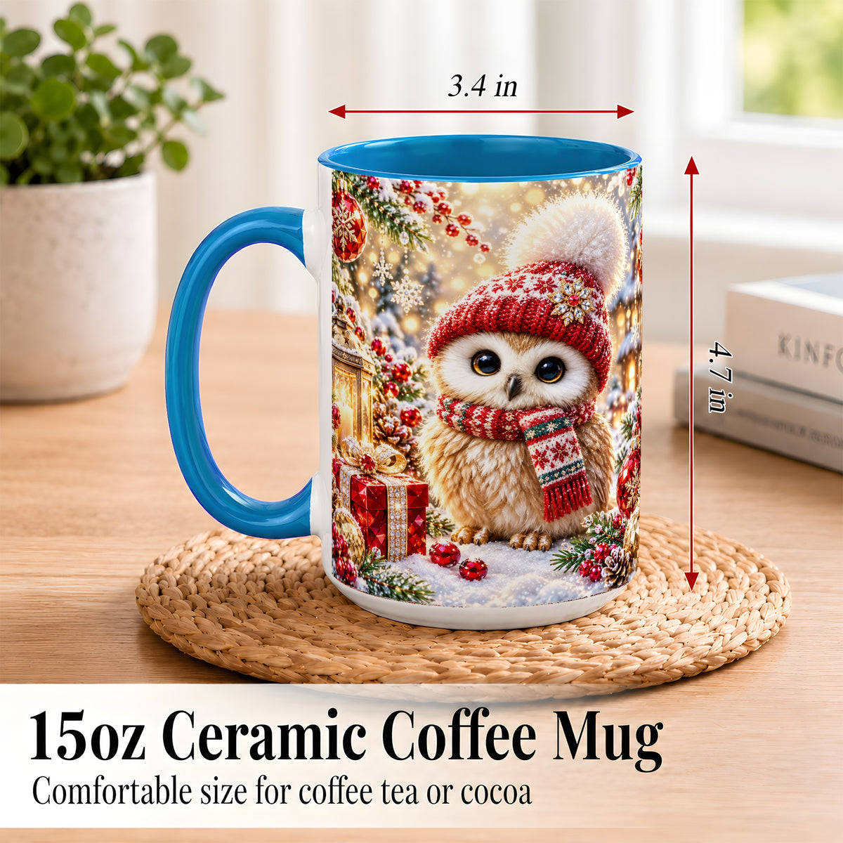 #pl[15oz|Blue] Christmas Owl Coffee Mug, Cute Winter Owl Mug, Ceramic Cup