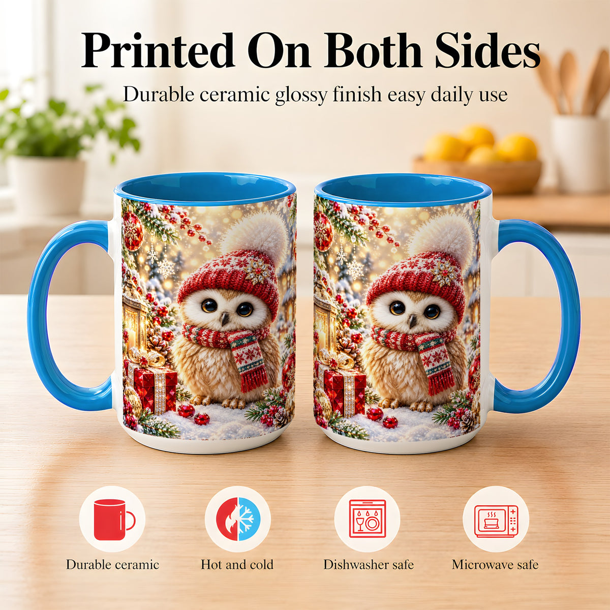 #pl[15oz|Blue] Christmas Owl Coffee Mug, Cute Winter Owl Mug, Ceramic Cup