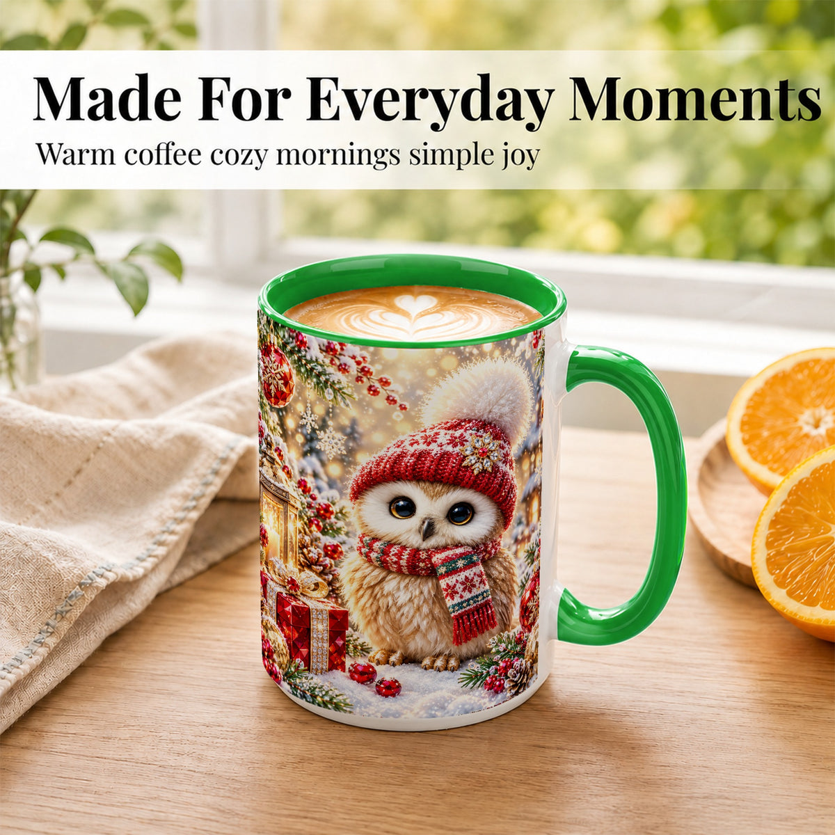 #pl[15oz|Green] Christmas Owl Coffee Mug, Cute Winter Owl Mug, Ceramic Cup