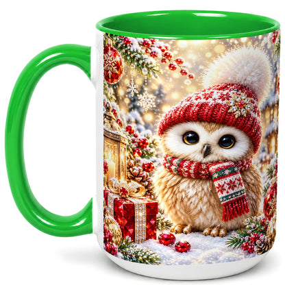 #pl[15oz|Green] Christmas Owl Coffee Mug, Cute Winter Owl Mug, Ceramic Cup