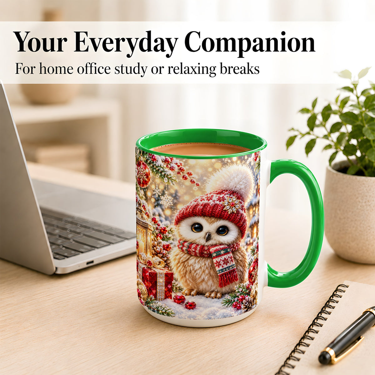 #pl[15oz|Green] Christmas Owl Coffee Mug, Cute Winter Owl Mug, Ceramic Cup
