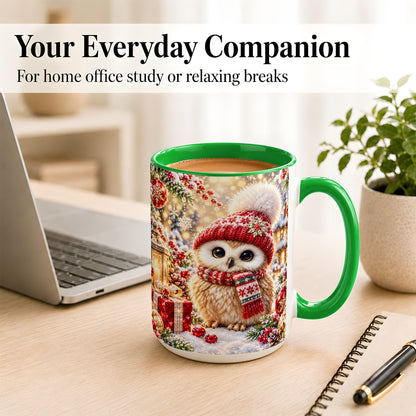 #pl[15oz|Green] Christmas Owl Coffee Mug, Cute Winter Owl Mug, Ceramic Cup