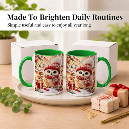 #pl[15oz|Green] Christmas Owl Coffee Mug, Cute Winter Owl Mug, Ceramic Cup