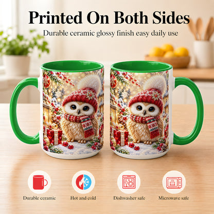 #pl[15oz|Green] Christmas Owl Coffee Mug, Cute Winter Owl Mug, Ceramic Cup