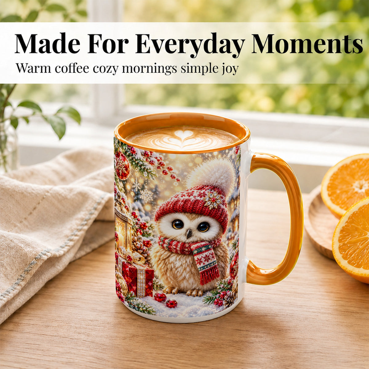 #pl[15oz|Orange] Christmas Owl Coffee Mug, Cute Winter Owl Mug, Ceramic Cup