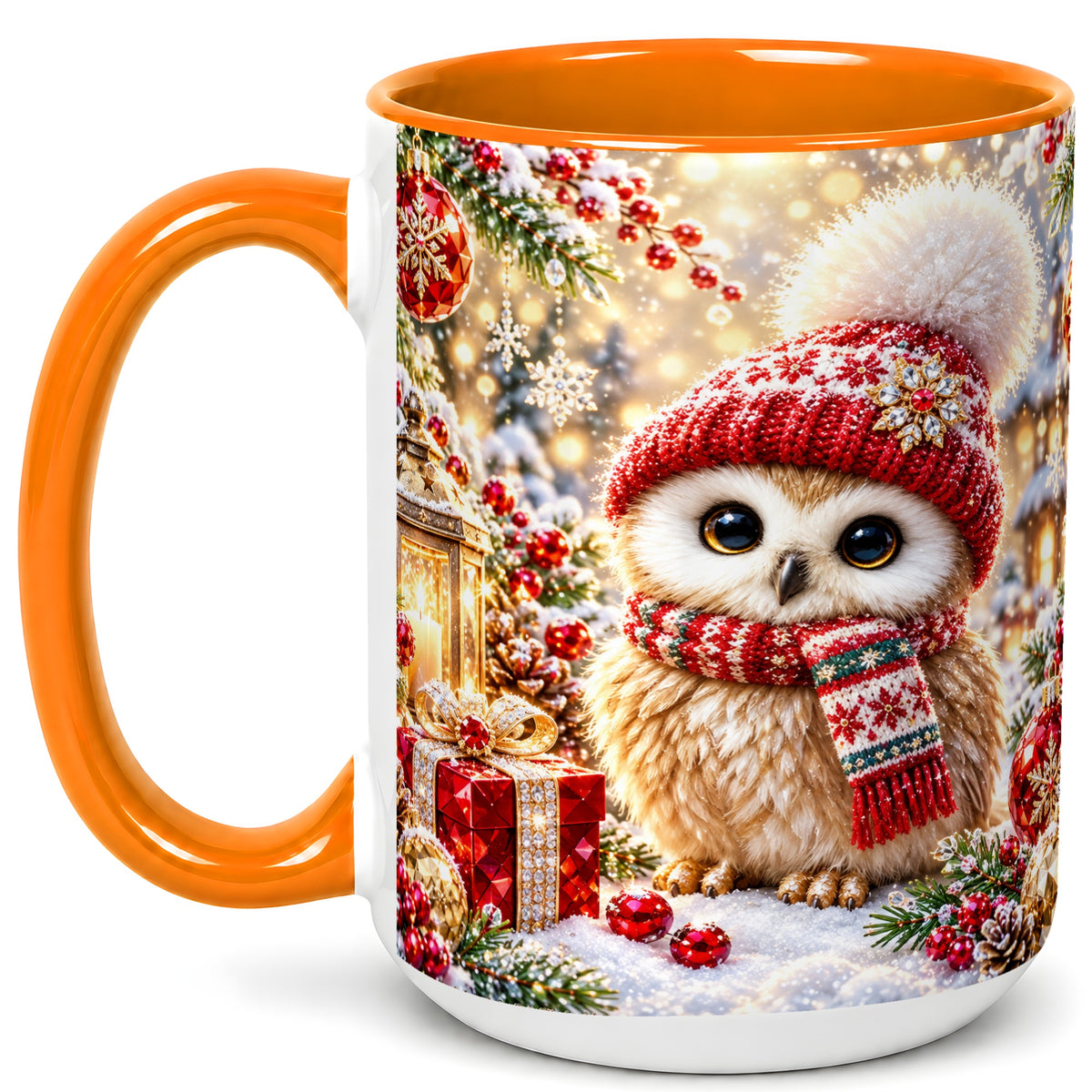 #pl[15oz|Orange] Christmas Owl Coffee Mug, Cute Winter Owl Mug, Ceramic Cup