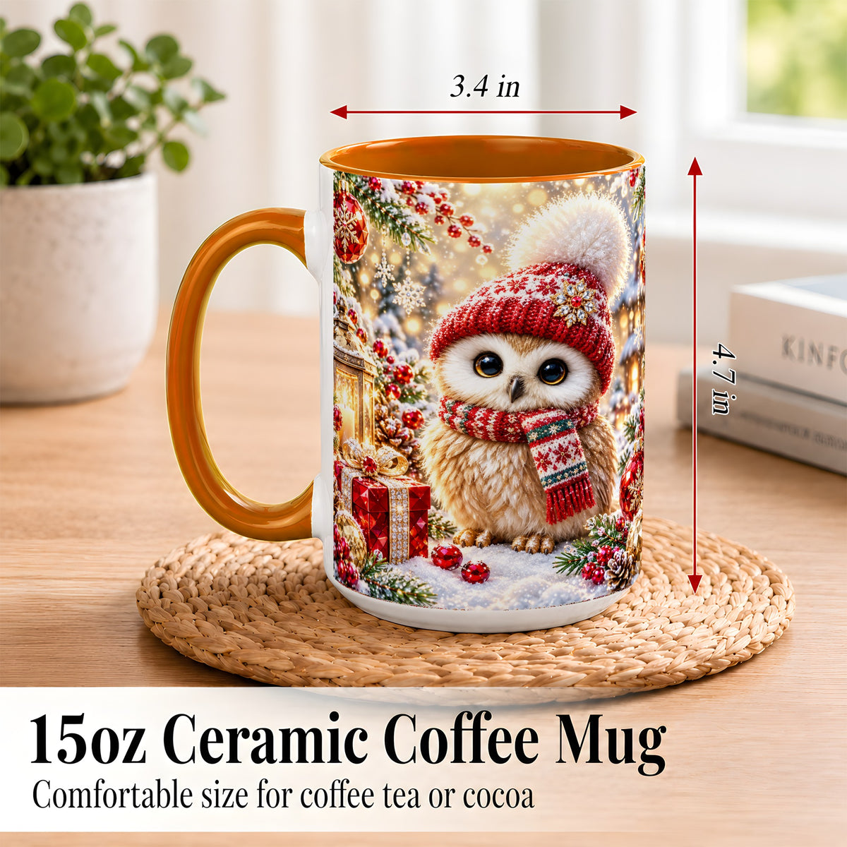 #pl[15oz|Orange] Christmas Owl Coffee Mug, Cute Winter Owl Mug, Ceramic Cup
