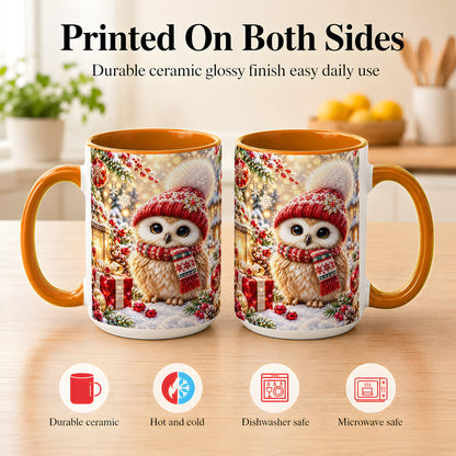 #pl[15oz|Orange] Christmas Owl Coffee Mug, Cute Winter Owl Mug, Ceramic Cup