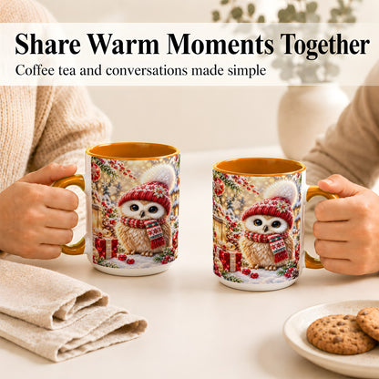 #pl[15oz|Orange] Christmas Owl Coffee Mug, Cute Winter Owl Mug, Ceramic Cup