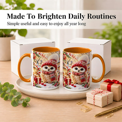 #pl[15oz|Orange] Christmas Owl Coffee Mug, Cute Winter Owl Mug, Ceramic Cup