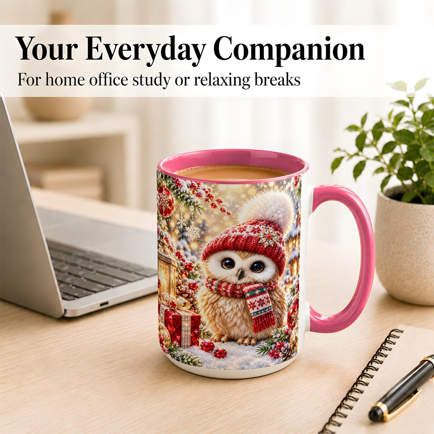#pl[15oz|Pink] Christmas Owl Coffee Mug, Cute Winter Owl Mug, Ceramic Cup
