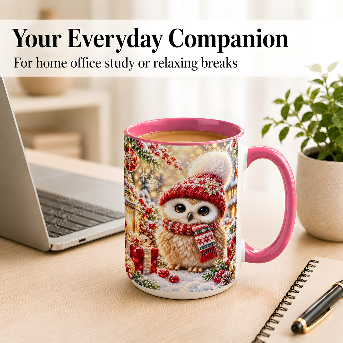 #pl[15oz|Pink] Christmas Owl Coffee Mug, Cute Winter Owl Mug, Ceramic Cup