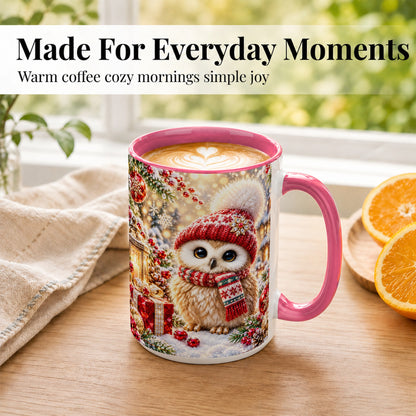 #pl[15oz|Pink] Christmas Owl Coffee Mug, Cute Winter Owl Mug, Ceramic Cup