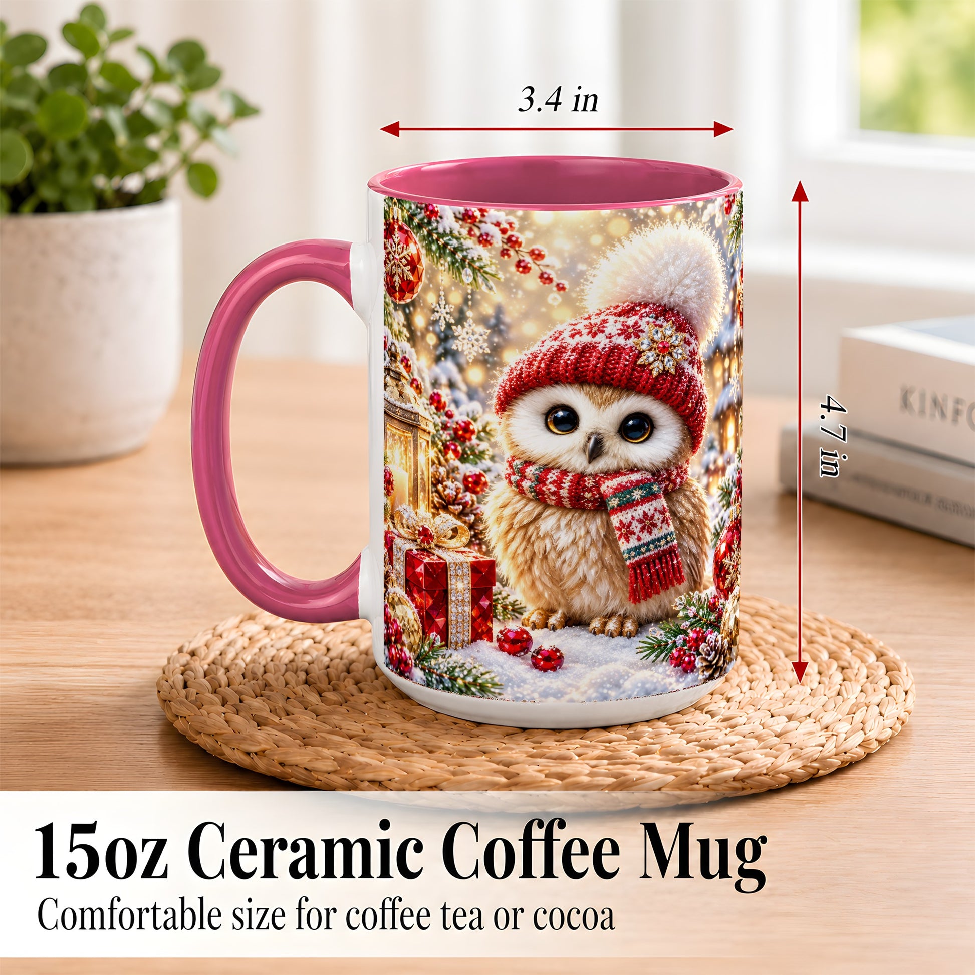 #pl[15oz|Pink] Christmas Owl Coffee Mug, Cute Winter Owl Mug, Ceramic Cup