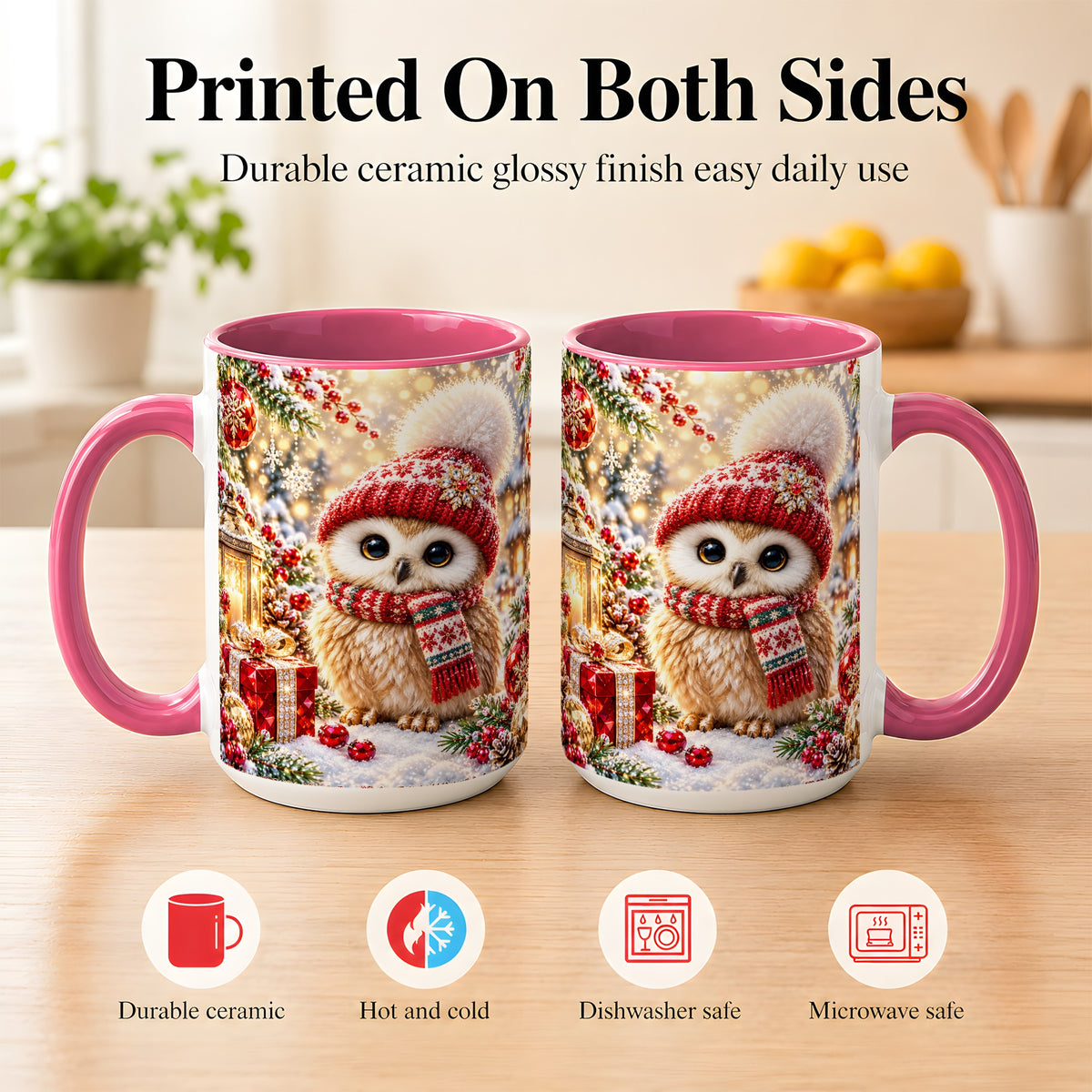 #pl[15oz|Pink] Christmas Owl Coffee Mug, Cute Winter Owl Mug, Ceramic Cup
