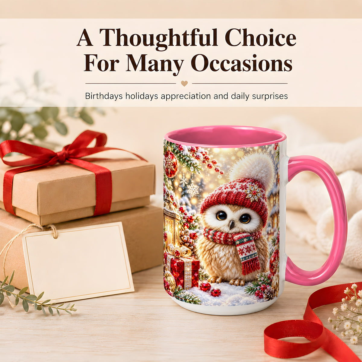 #pl[15oz|Pink] Christmas Owl Coffee Mug, Cute Winter Owl Mug, Ceramic Cup