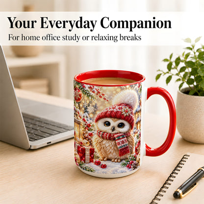 #pl[15oz|Red] Christmas Owl Coffee Mug, Cute Winter Owl Mug, Ceramic Cup