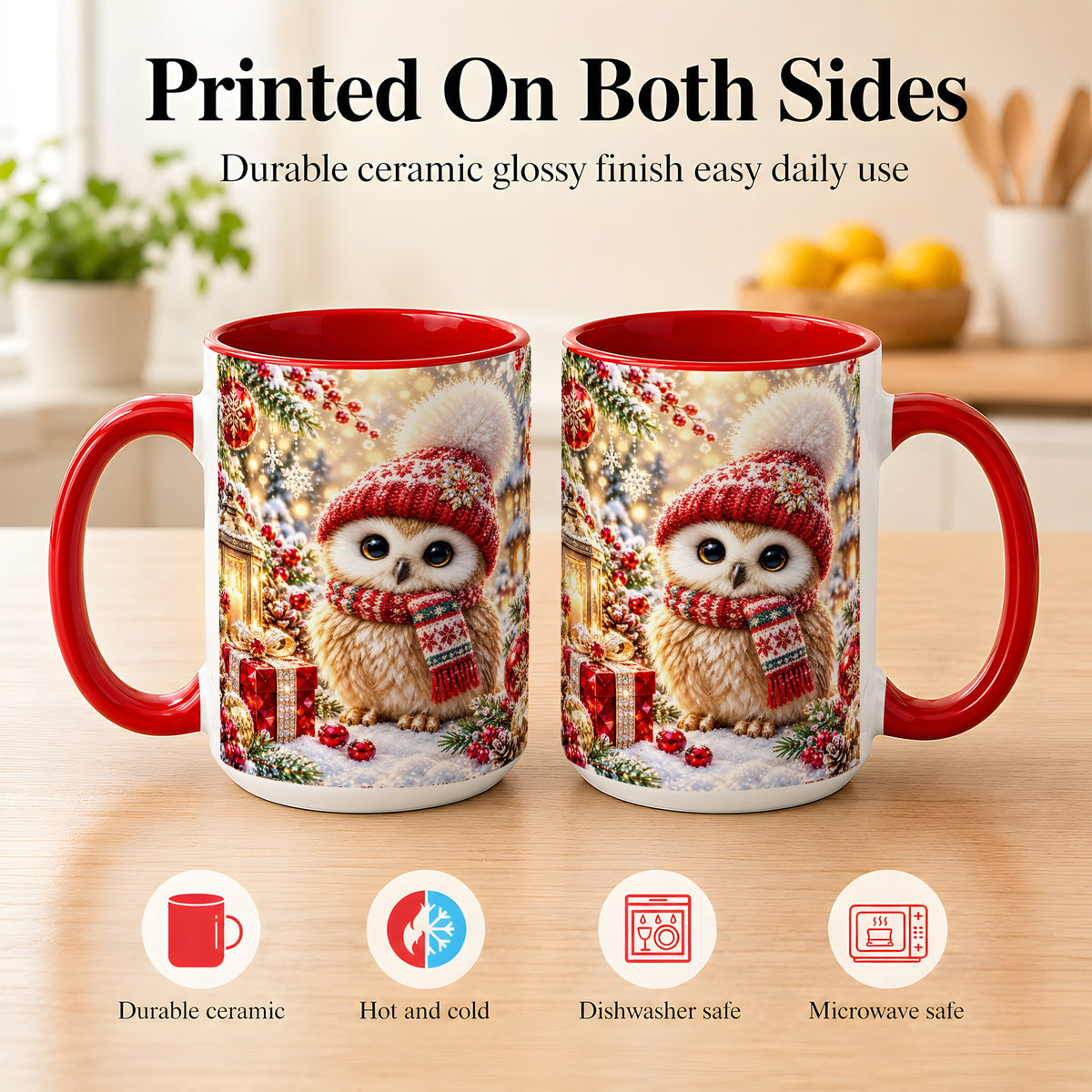 #pl[15oz|Red] Christmas Owl Coffee Mug, Cute Winter Owl Mug, Ceramic Cup