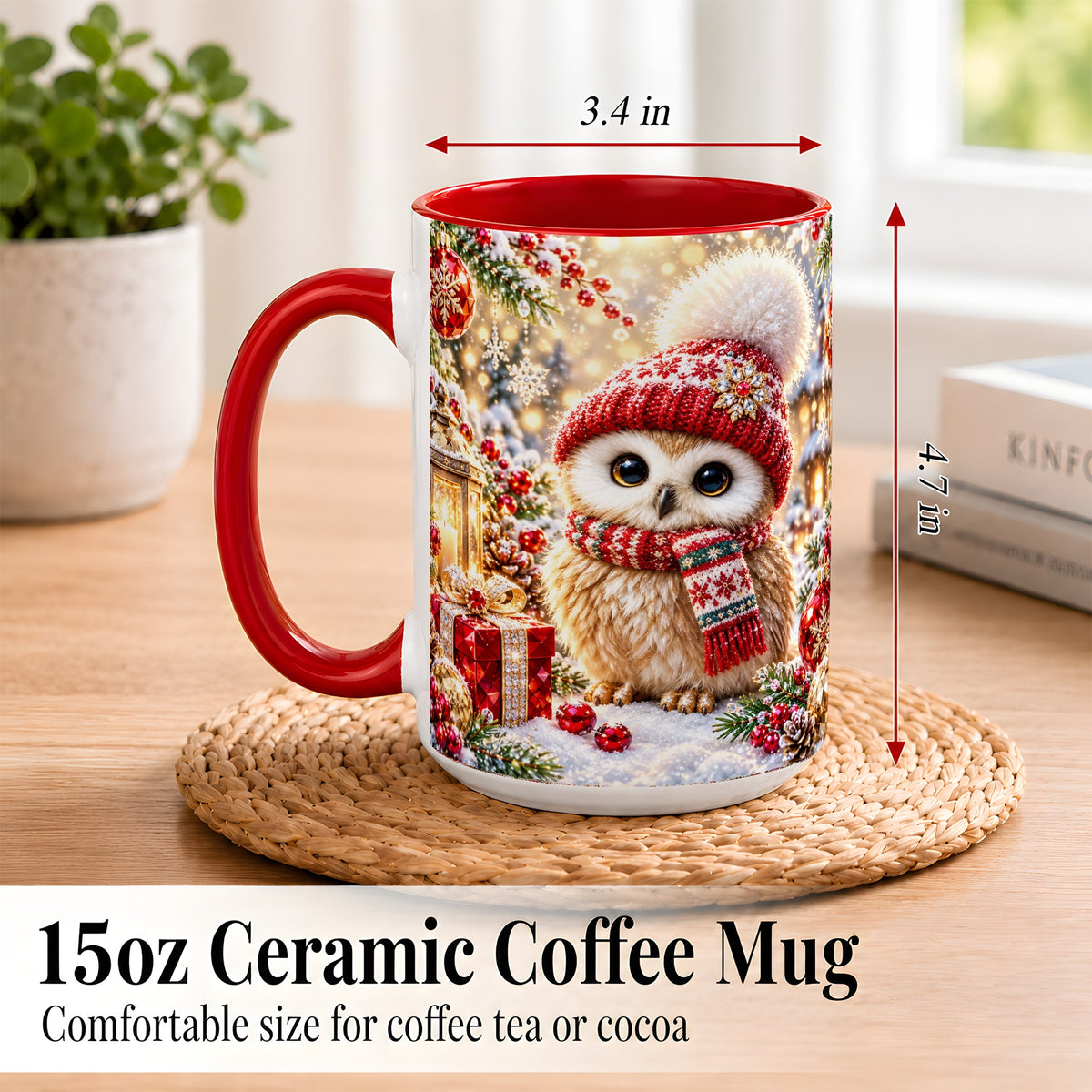 #pl[15oz|Red] Christmas Owl Coffee Mug, Cute Winter Owl Mug, Ceramic Cup