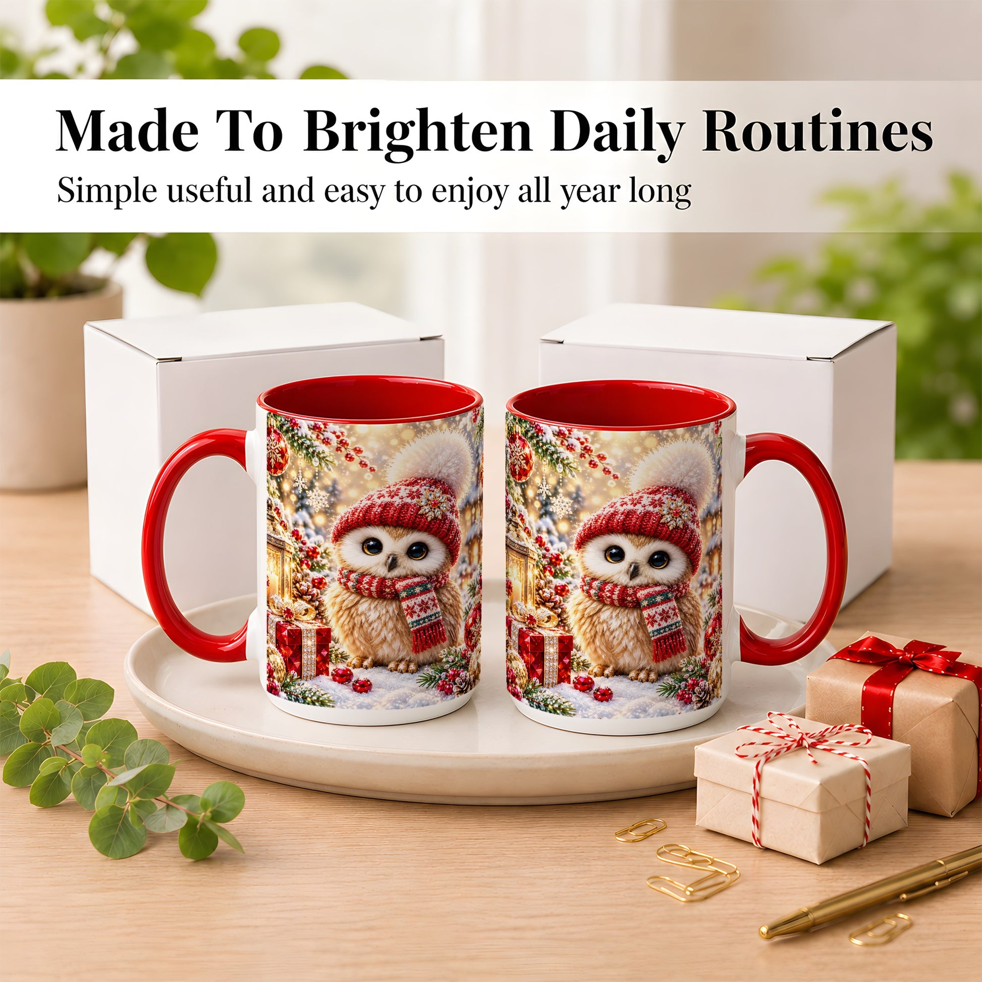 #pl[15oz|Red] Christmas Owl Coffee Mug, Cute Winter Owl Mug, Ceramic Cup