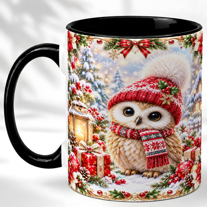 #pl[11oz|Black] Festive Christmas Owl Coffee Mug, Snowy Winter Owl Mug, Ceramic Cup