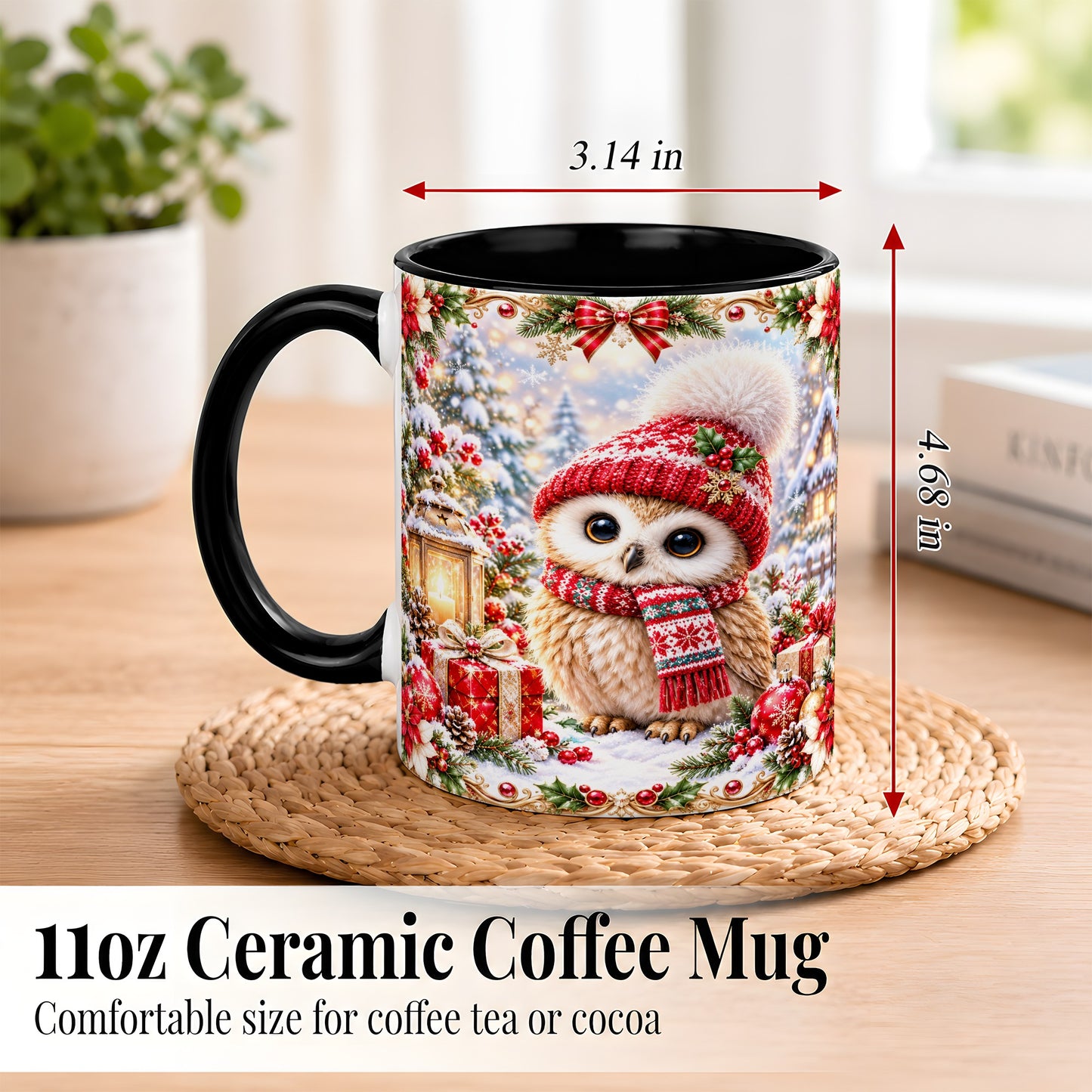 #pl[11oz|Black] Festive Christmas Owl Coffee Mug, Snowy Winter Owl Mug, Ceramic Cup