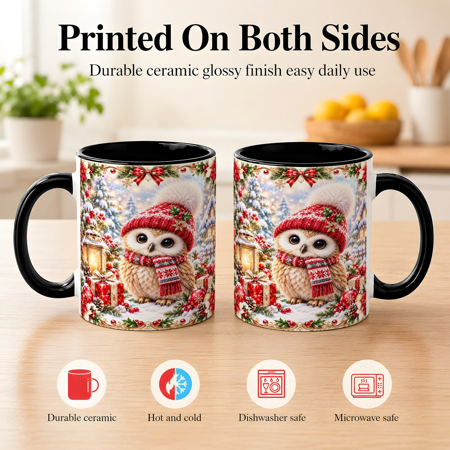 #pl[11oz|Black] Festive Christmas Owl Coffee Mug, Snowy Winter Owl Mug, Ceramic Cup