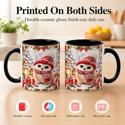 #pl[11oz|Black] Festive Christmas Owl Coffee Mug, Snowy Winter Owl Mug, Ceramic Cup