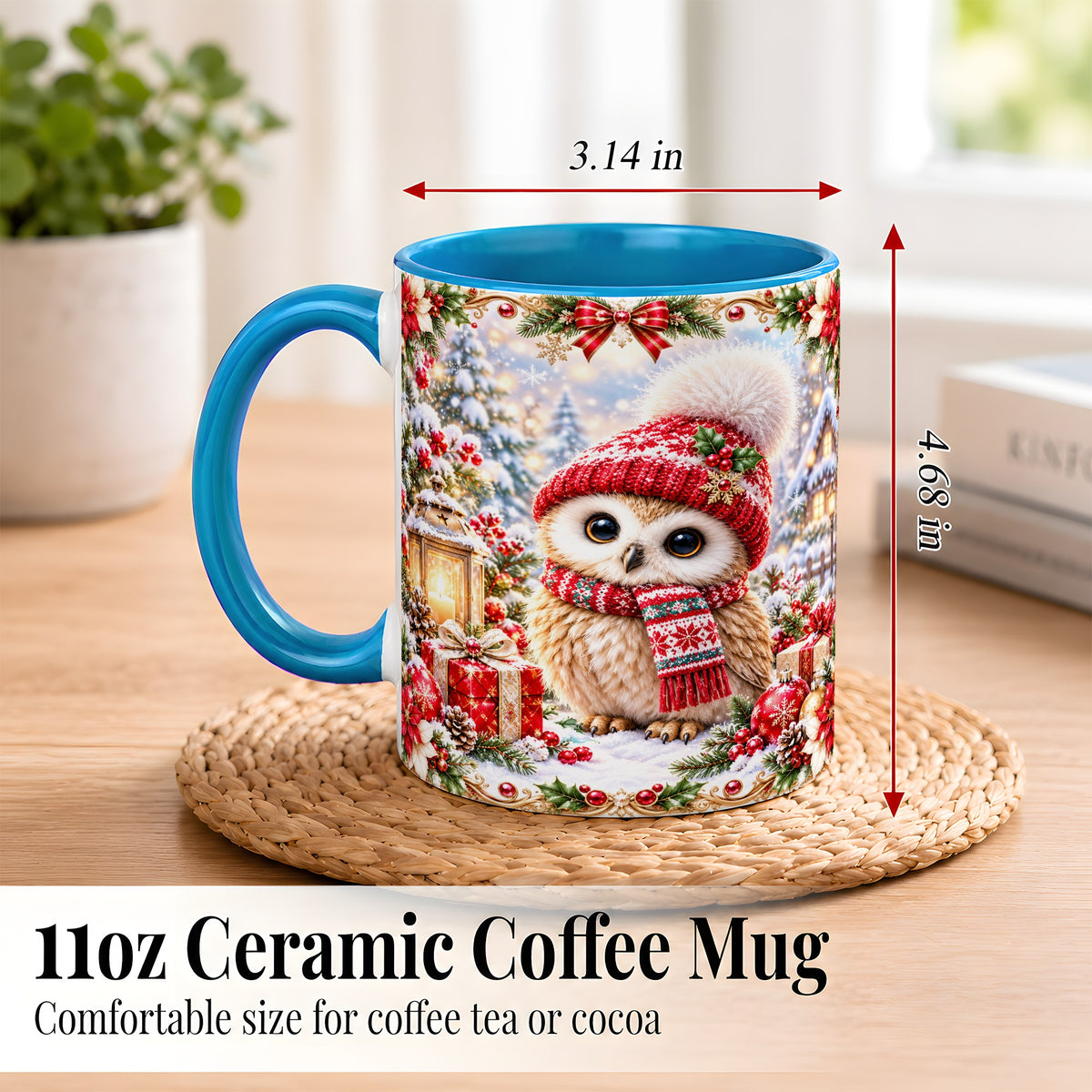#pl[11oz|Blue] Festive Christmas Owl Coffee Mug, Snowy Winter Owl Mug, Ceramic Cup