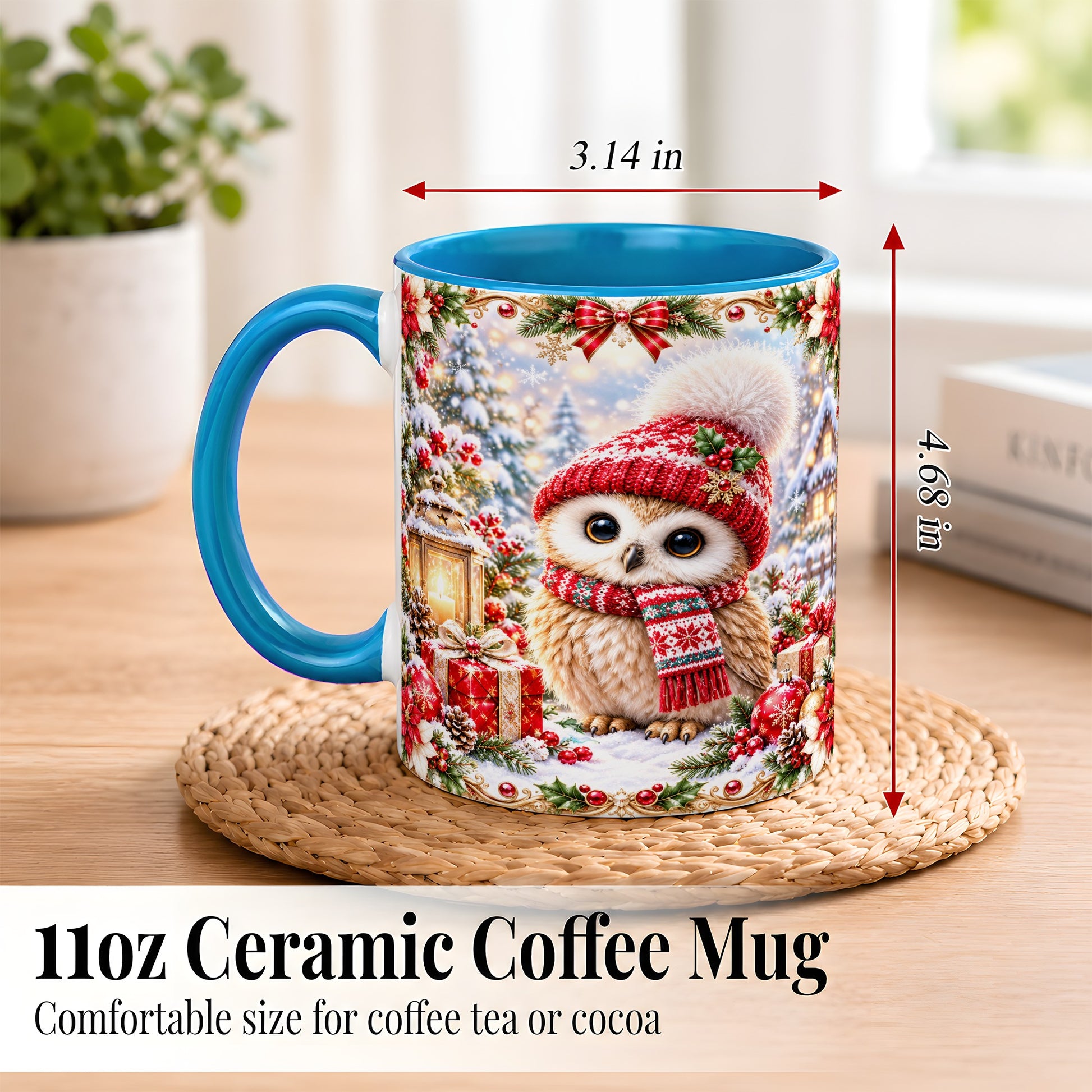 #pl[11oz|Blue] Festive Christmas Owl Coffee Mug, Snowy Winter Owl Mug, Ceramic Cup