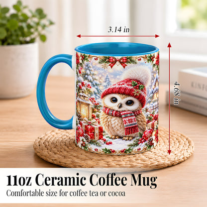 #pl[11oz|Blue] Festive Christmas Owl Coffee Mug, Snowy Winter Owl Mug, Ceramic Cup