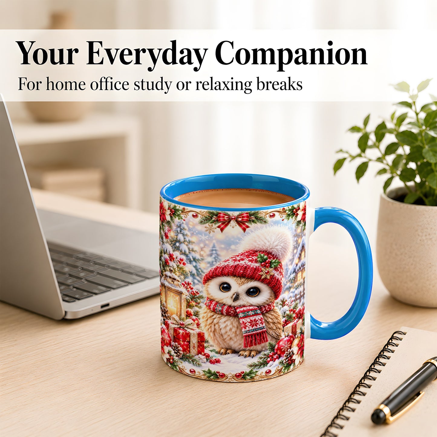 #pl[11oz|Blue] Festive Christmas Owl Coffee Mug, Snowy Winter Owl Mug, Ceramic Cup