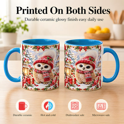 #pl[11oz|Blue] Festive Christmas Owl Coffee Mug, Snowy Winter Owl Mug, Ceramic Cup