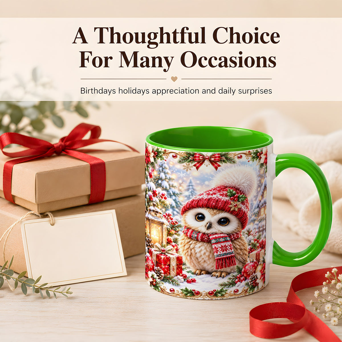 #pl[11oz|Green] Festive Christmas Owl Coffee Mug, Snowy Winter Owl Mug, Ceramic Cup