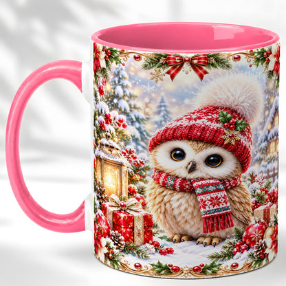 #pl[11oz|Pink] Festive Christmas Owl Coffee Mug, Snowy Winter Owl Mug, Ceramic Cup