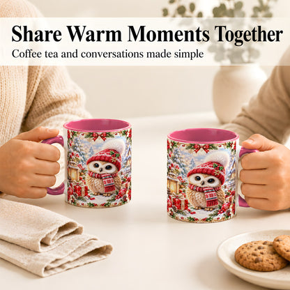 #pl[11oz|Pink] Festive Christmas Owl Coffee Mug, Snowy Winter Owl Mug, Ceramic Cup
