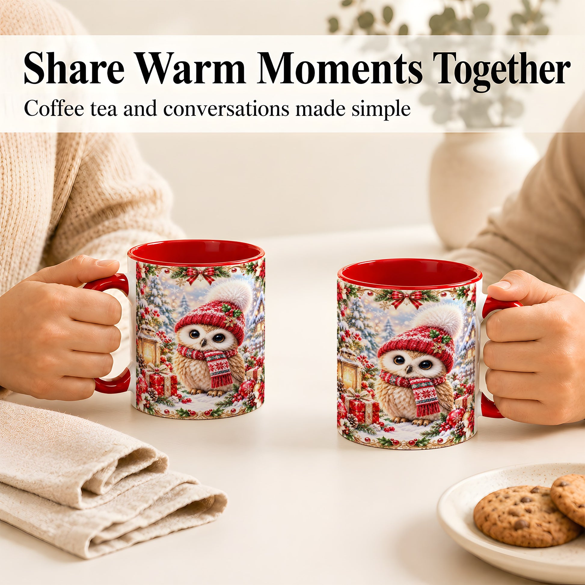 #pl[11oz|Red] Festive Christmas Owl Coffee Mug, Snowy Winter Owl Mug, Ceramic Cup