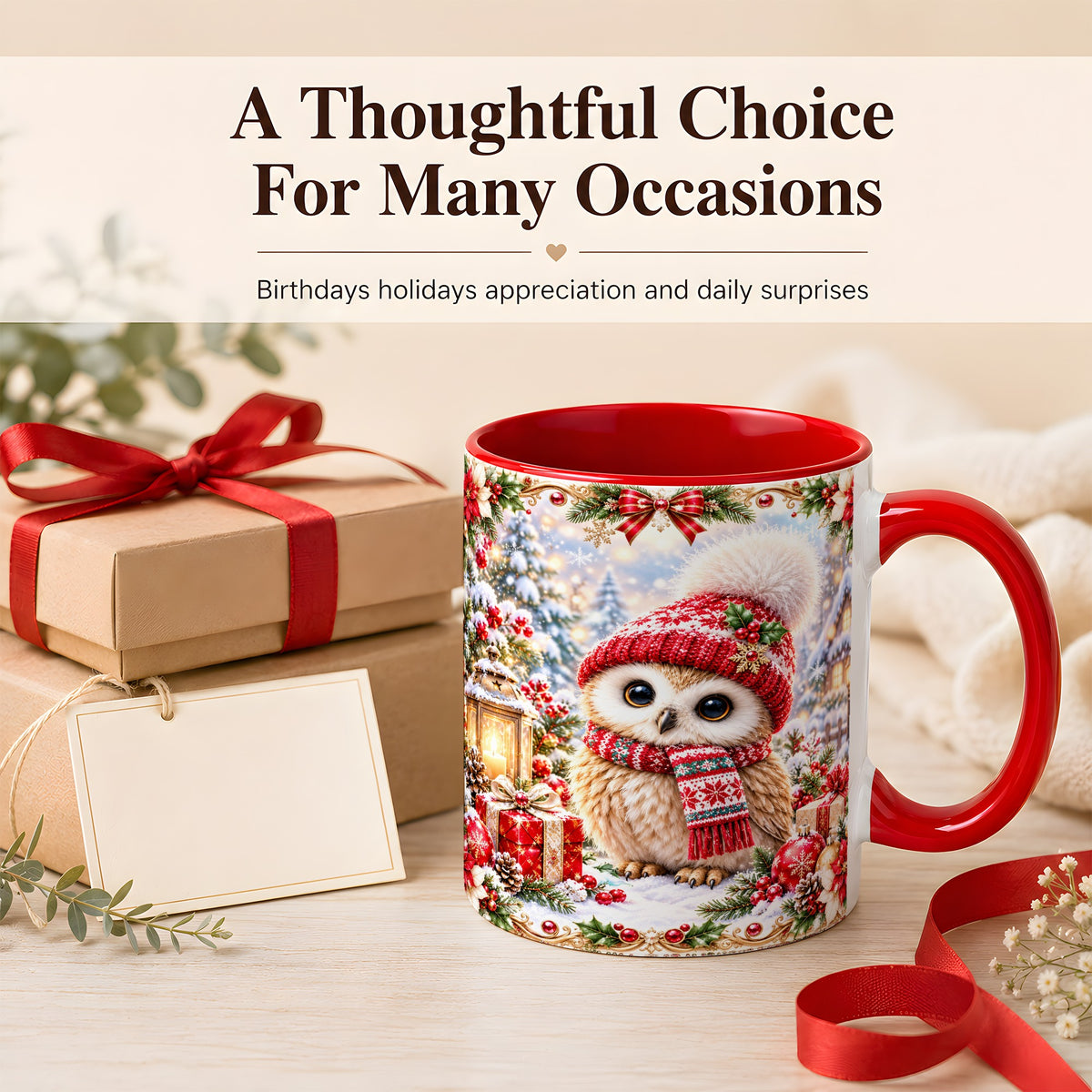 #pl[11oz|Red] Festive Christmas Owl Coffee Mug, Snowy Winter Owl Mug, Ceramic Cup