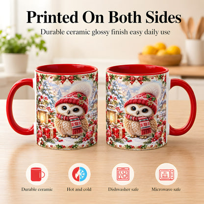 #pl[11oz|Red] Festive Christmas Owl Coffee Mug, Snowy Winter Owl Mug, Ceramic Cup